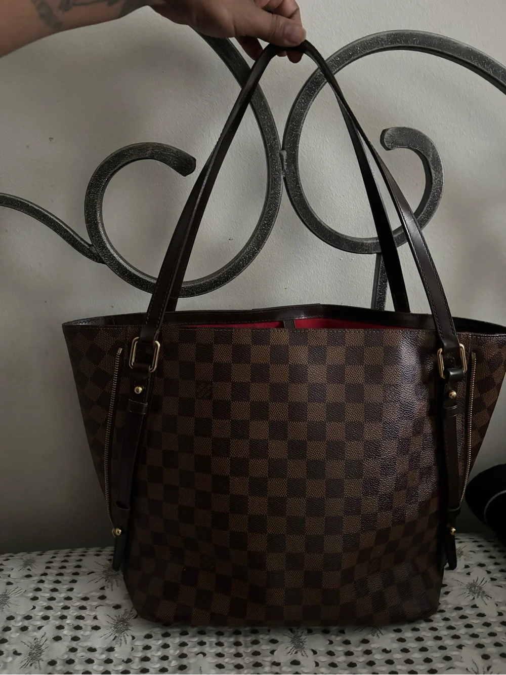 Louis Vuitton Damier Ebene Tote with Red Interior Trim